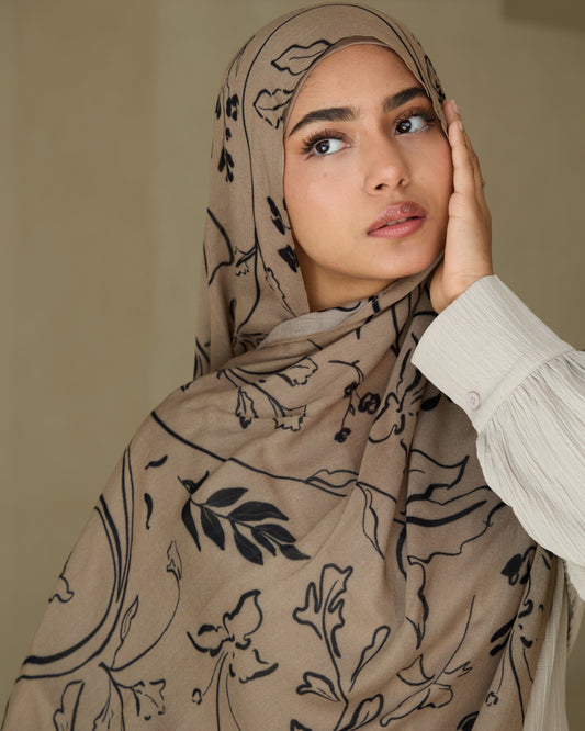 Printed Modal Hijab - Obsidian on Ivory