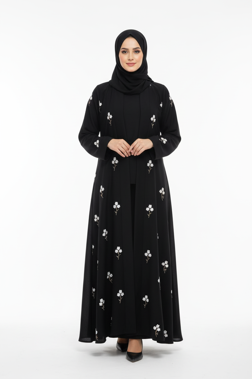 Black abaya with white flowers