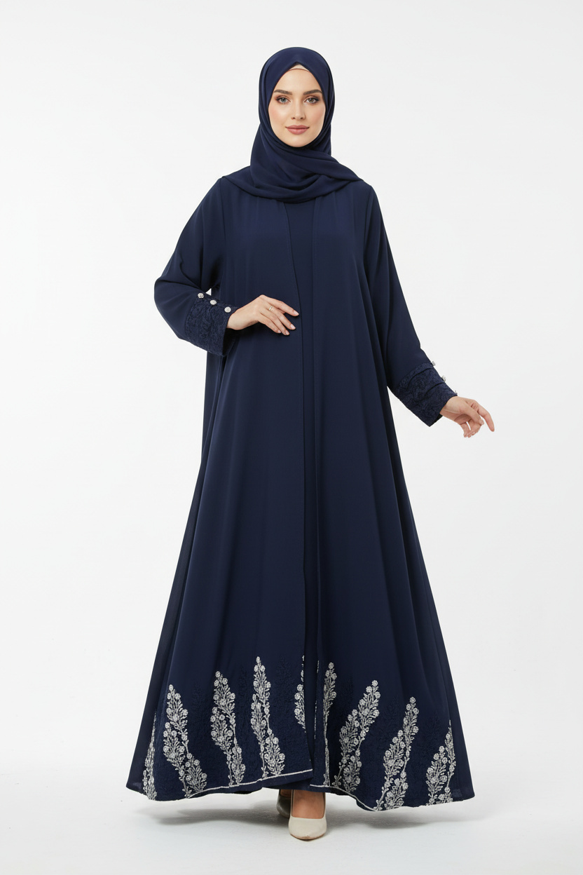 Navy blue abaya with embroidered hem