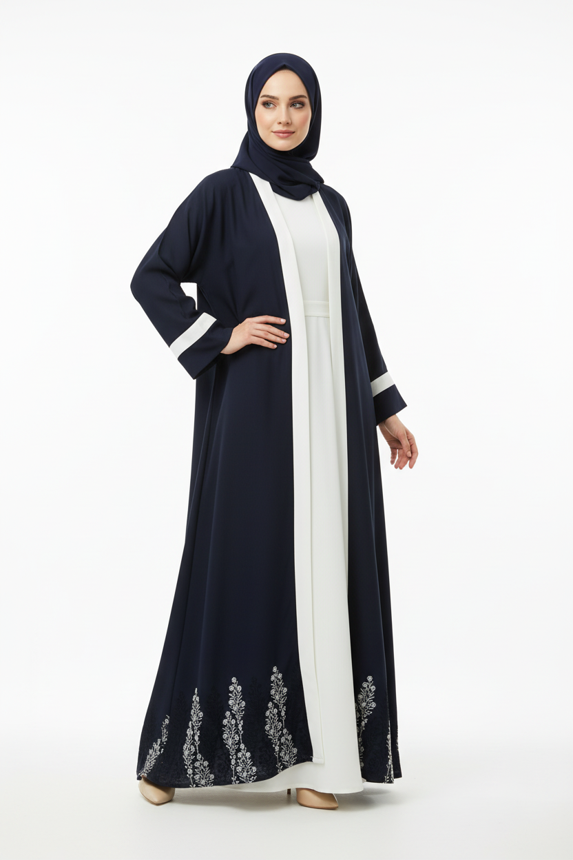 Navy blue abaya with white trim on model