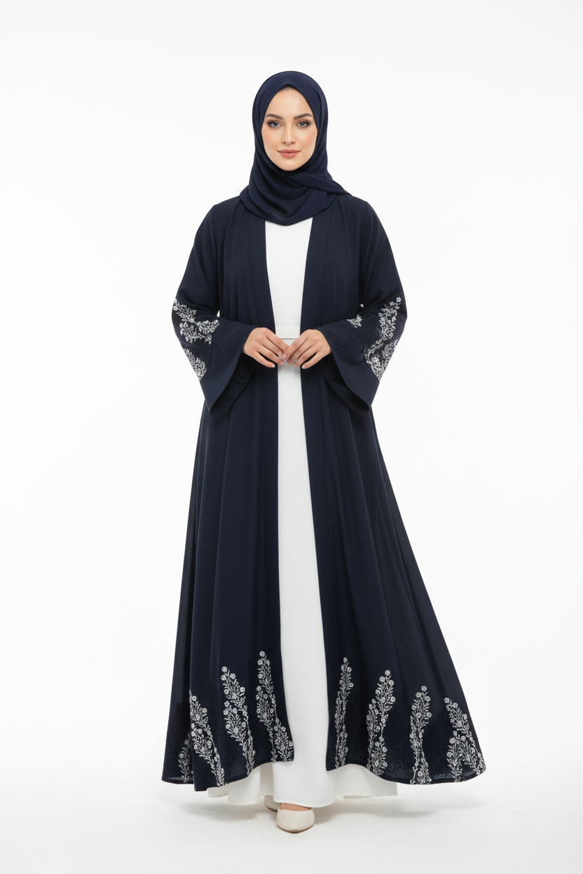 Navy blue embroidered abaya on model